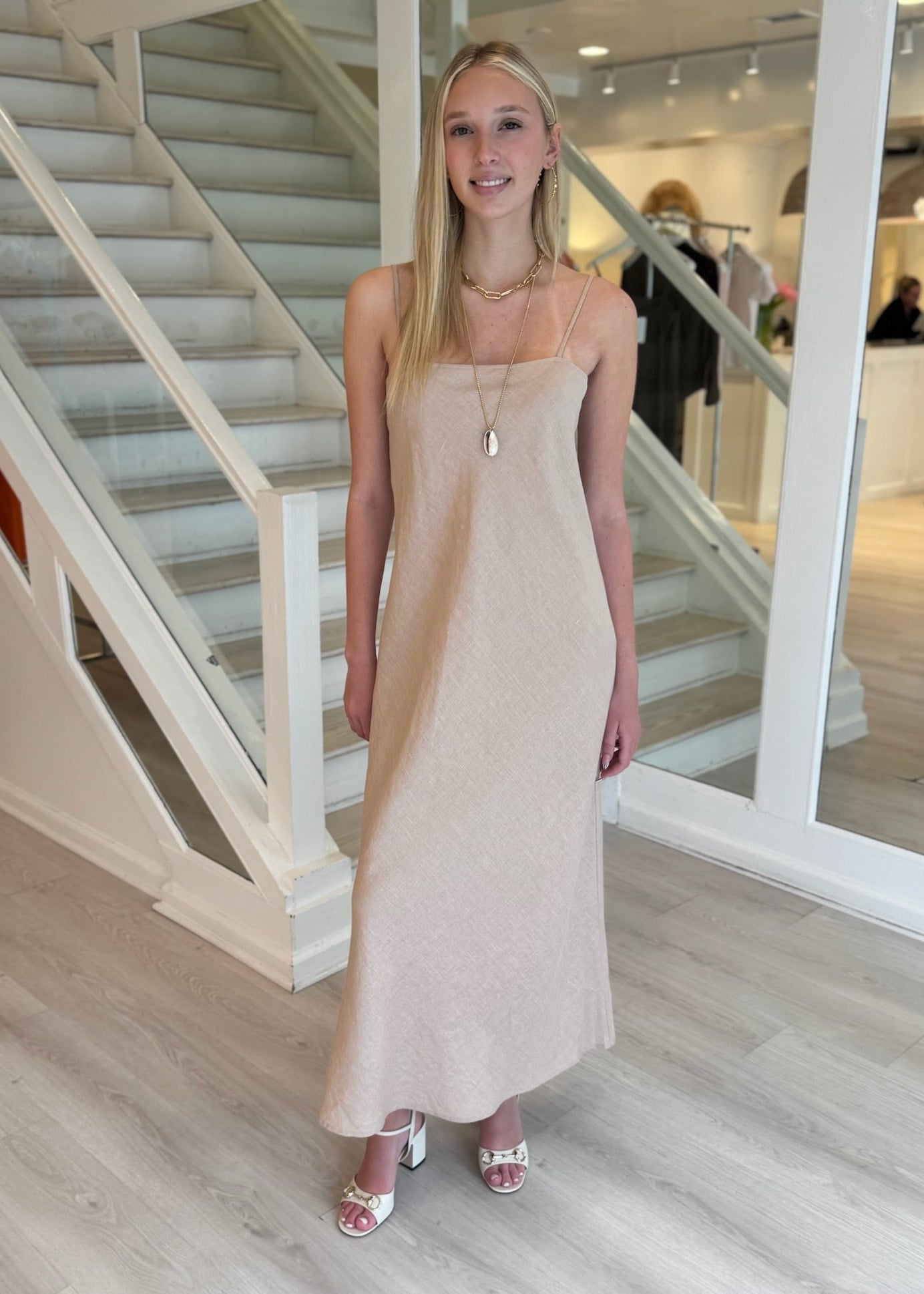 LINEN SQUARE NECK SLIP DRESS - LINED