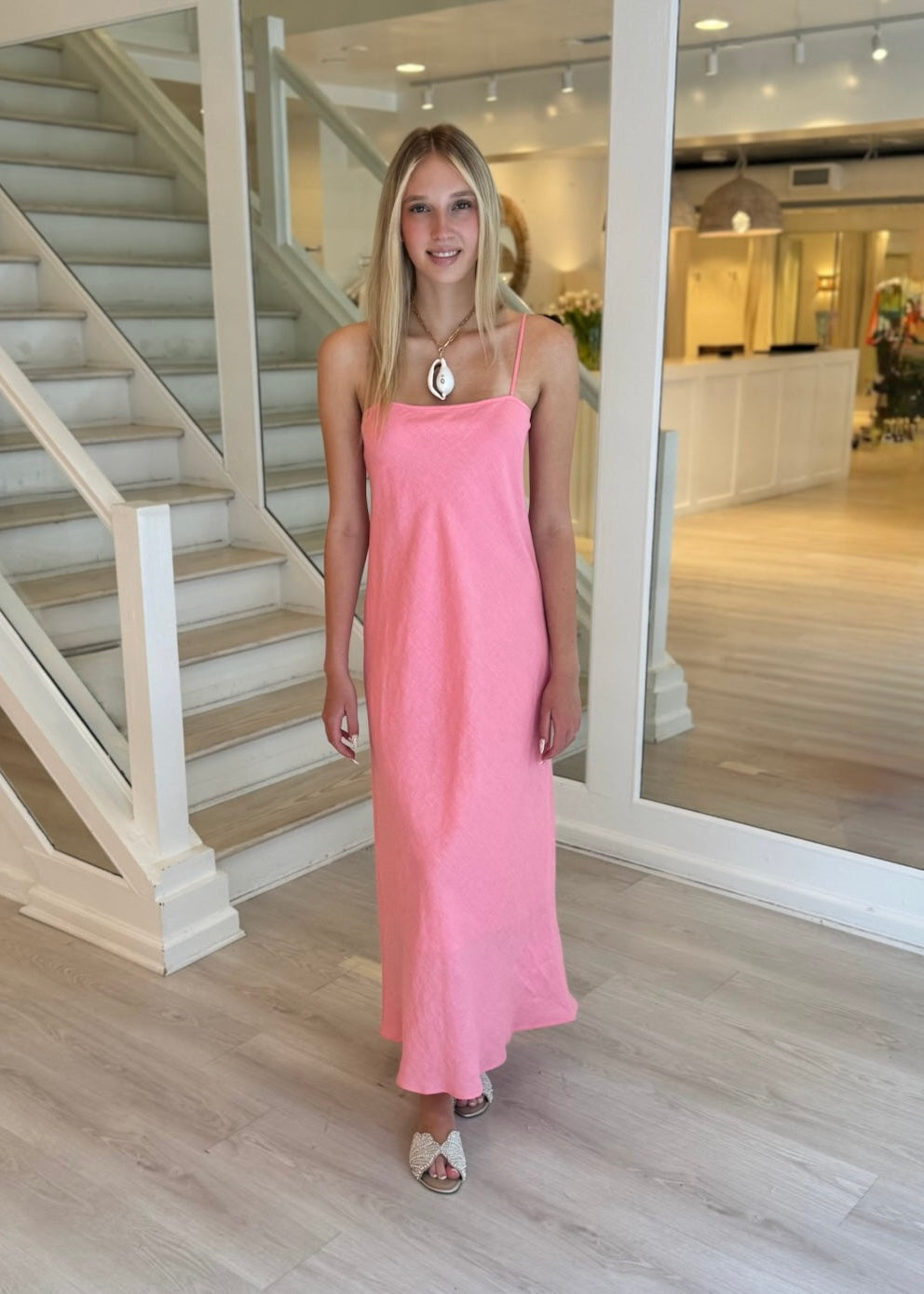 LINEN SQUARE NECK SLIP DRESS - LINED