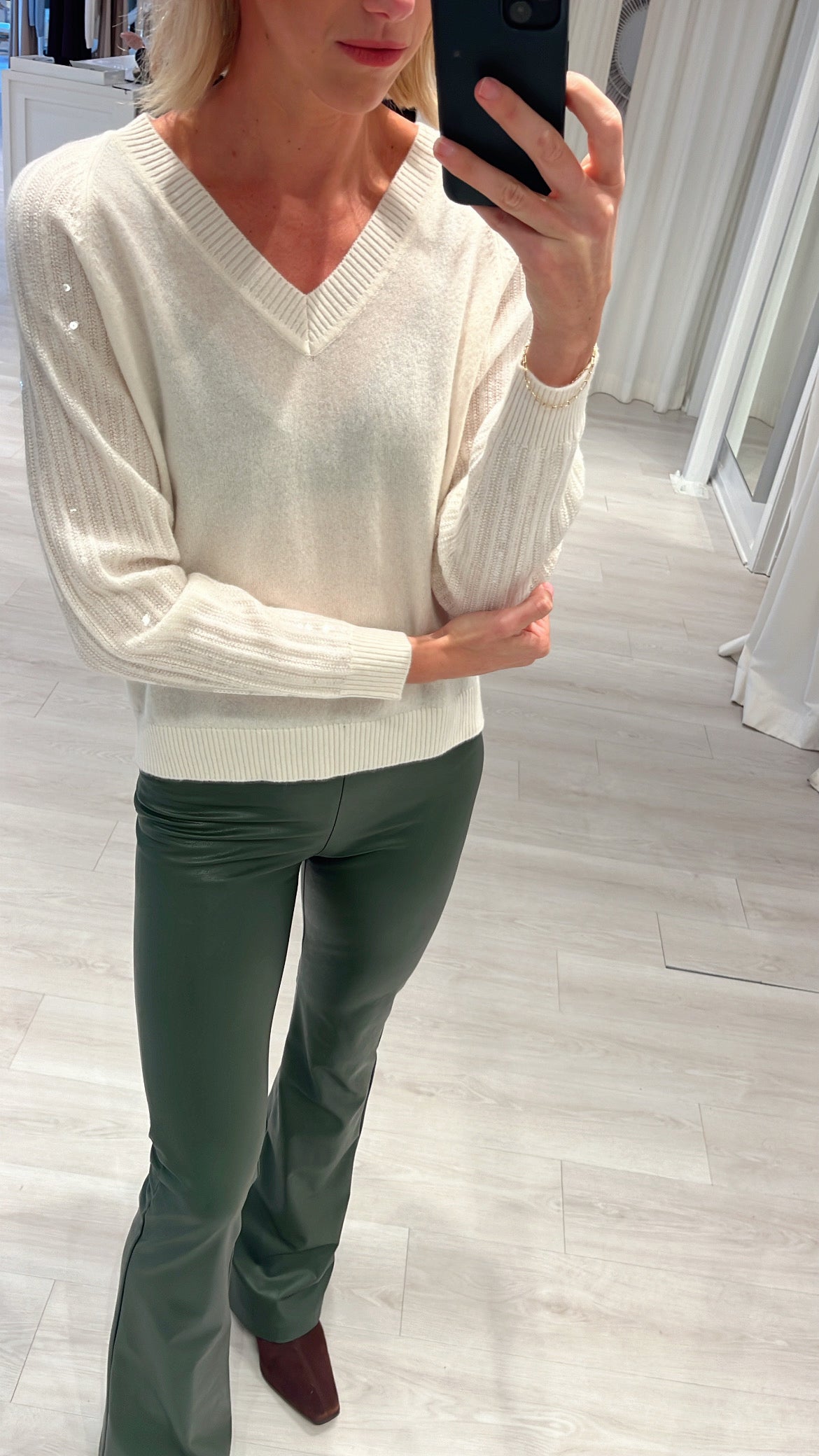 Cashmere V-Neck with Sequined Sleeves