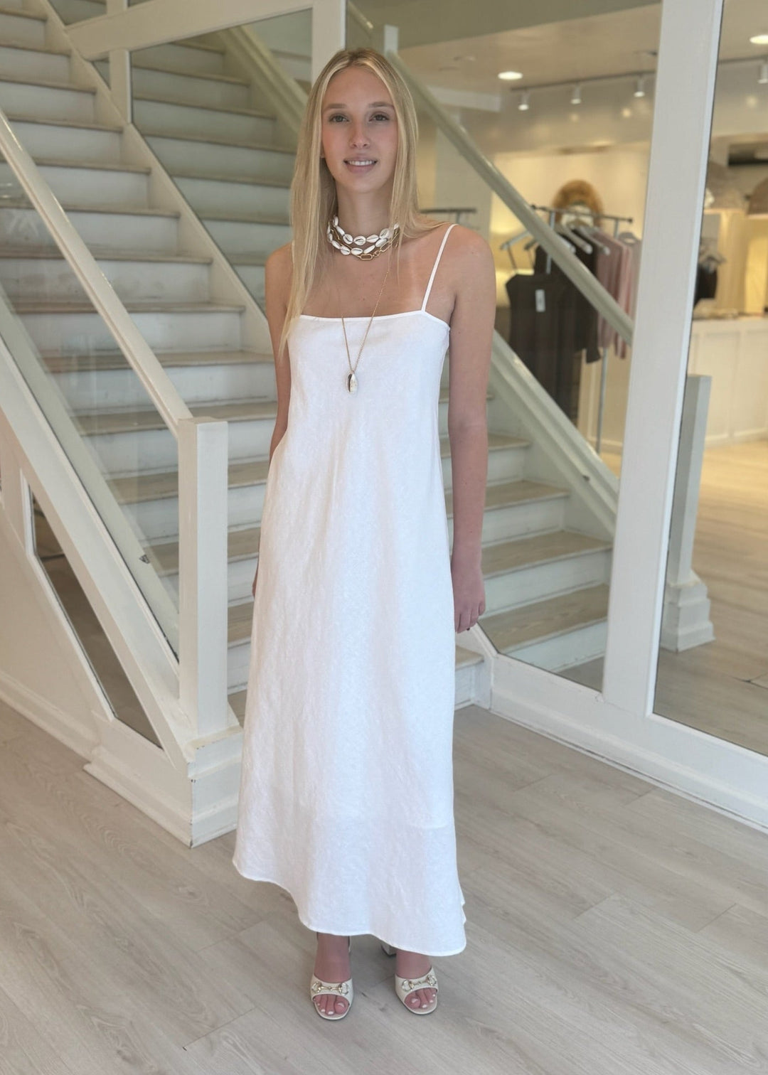 white linen slip dress ADALINE Square Neck while side pockets add everyday functionality FREJA Linen Slip Dress