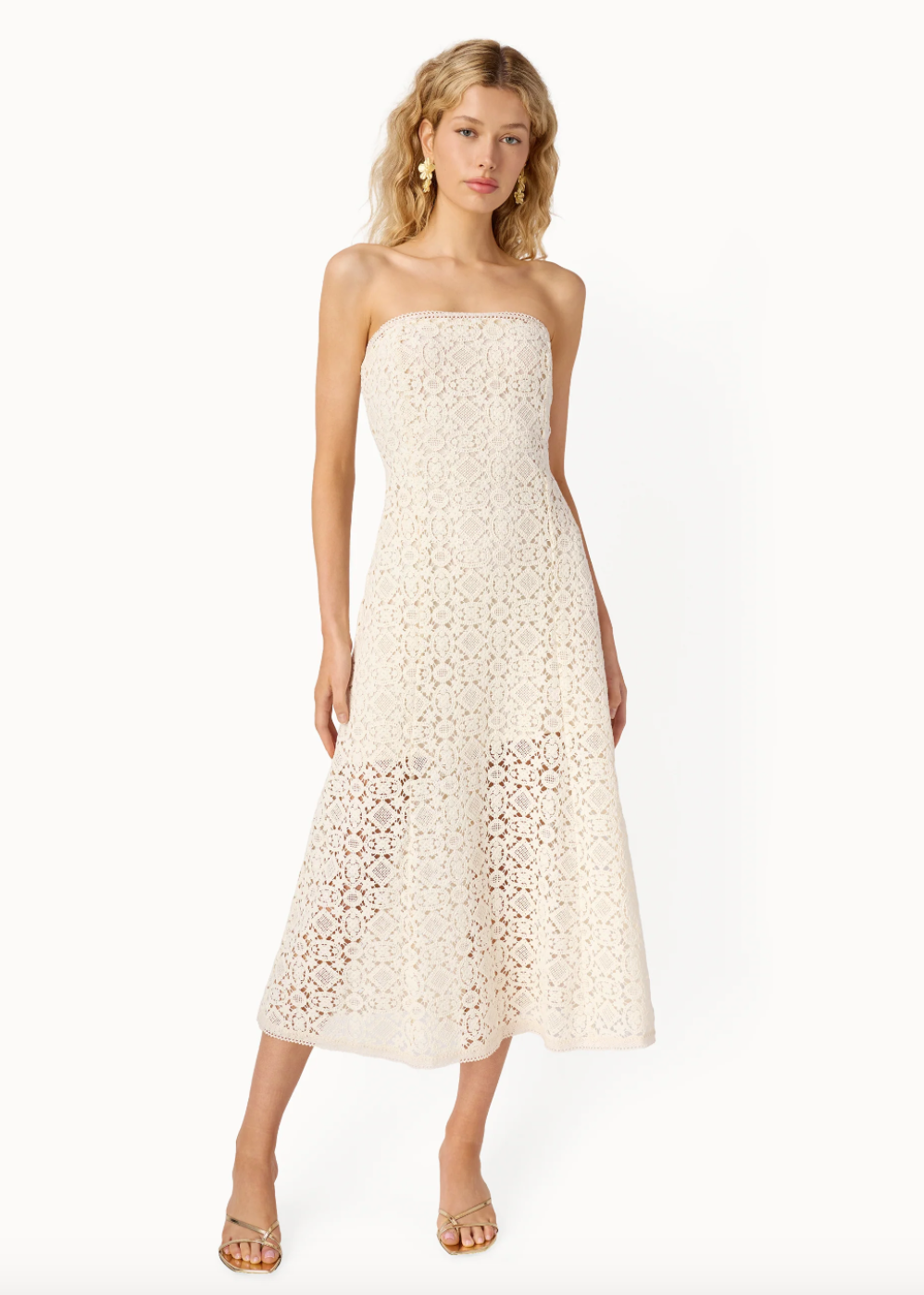 strapless crochet dress CAMI NYC Lisboa in Cream featuring crochet and lace details. Know Your Worth Strapless Crochet